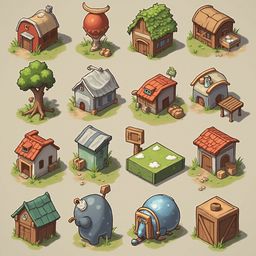 A grid of twelve whimsical houses and buildings, each unique in design and color, features red roofs, green walls, and blue accents.
