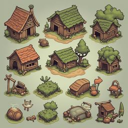 A grid of twelve whimsical houses and structures, featuring various colors, roofs, and features, arranged on a light green background.