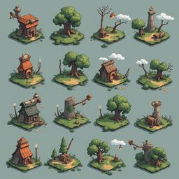 A grid of twelve whimsical houses and trees, each unique in style and function, sits on a verdant green ground.