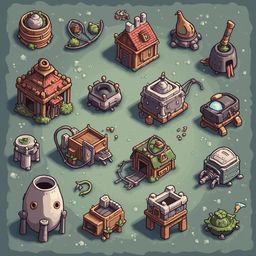 A grid of unique, colorful buildings with diverse features and sizes, set against a soothing green backdrop.