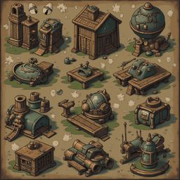 A grid of unique, miniature buildings with diverse designs and colors, set against a brown background with white speckles.