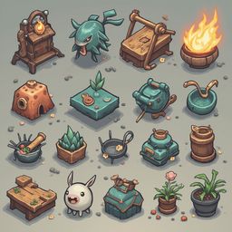 A grid of unique objects, including a grandfather clock, wooden bench, fire pit, and various containers, is set against a neutral gray backdrop.