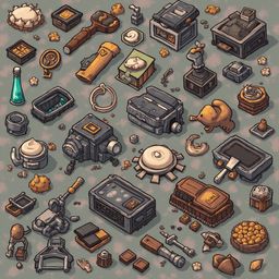 A grid of unique objects, including boxes, containers, figurines, and tools, features diverse colors, shapes, and textures.