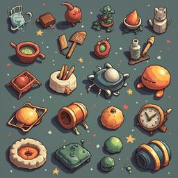 A grid of whimsical, cartoon-like objects includes red and orange pots, a teapot, a hammer, a plant, a bowl, a clock, a drum, a cat, a bird, and a fish.