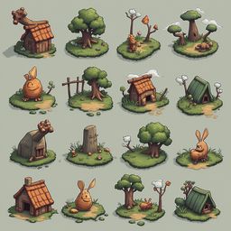 A grid of whimsical cartoon scenes features houses, trees, animals, and mushrooms in various settings and colors.