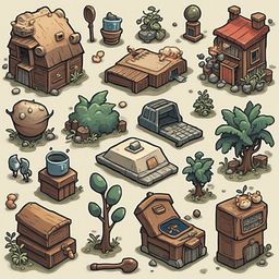 A grid of whimsical, cartoon-style buildings and objects in various colors and textures, set against a light green backdrop.