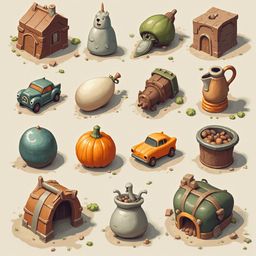 A grid of whimsical, cartoon-style objects features a house, bear, pumpkin, car, egg, pitcher, ball, chest, and pot.