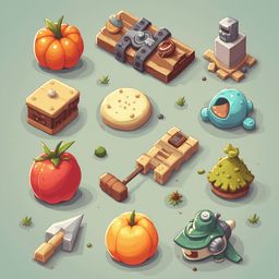 A grid of whimsical, cartoon-style objects includes an orange pumpkin, treasure chest, sword, cookie, birdhouse, tractor, tractor, pumpkin, and green robot.