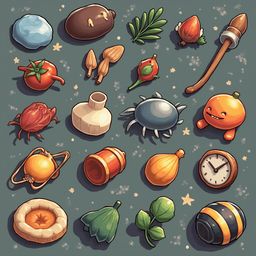 A grid of whimsical, cartoon-style objects includes fruits, vegetables, insects, tools, and clocks, set against a speckled blue-green background.