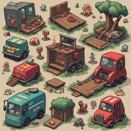 A grid of whimsical, cartoon-style vehicles and structures, including houses, trees, cars, and buildings, populates a beige background.