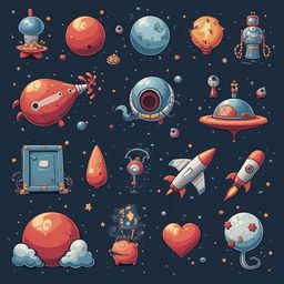 A grid of whimsical, colorful space-themed illustrations features planets, stars, rockets, aliens, and futuristic objects.