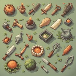 A grid of whimsical, handcrafted objects includes an orange pot, candle, knife, hammer, pliers, cleaver, grater, mortar and pestle, and flower pot.