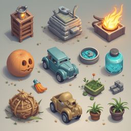 A Halloween scene features a carved pumpkin, lantern, metal pot, teal car, fire pit, blue pot, potted plant, and wooden box.