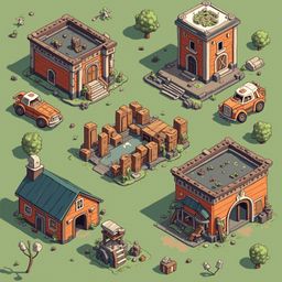 An illustrated scene features four buildings with unique features, scattered across a lush green field with trees.