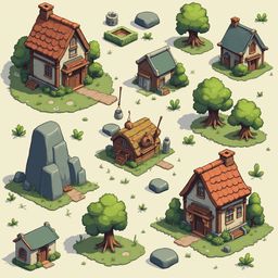 An illustration depicts a quaint village scene, featuring red-roofed houses, a central stone building with a chimney, and trees, all set against a light green backdrop.