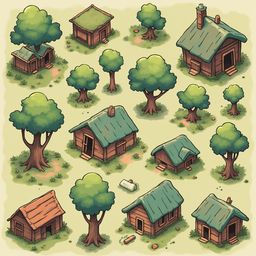 An illustration depicts a quaint village scene, featuring various wooden houses with a rustic charm, surrounded by trees and shrubs.