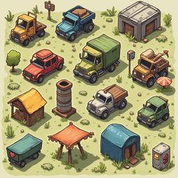 An illustration features a collection of vehicles, small buildings, and objects set in a grassy field.