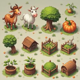 An illustration features a cow, tree, pumpkin, birdhouse, planter, and shed in a farm setting.