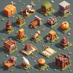 An illustration of 16 unique buildings in a pixel art style, featuring various colors, shapes, and sizes set against a gray backdrop.