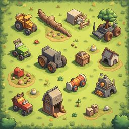 An illustration of farm equipment, including tractors, a cannon, barns, and houses, is scattered across a lush green field.