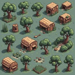 An illustration of isometric scenes features various wooden structures, trees, and objects in a forest-like setting.