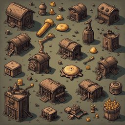 An illustration of wooden buildings with varied features, including windows, doors, and roof styles, scattered across a grassy terrain.