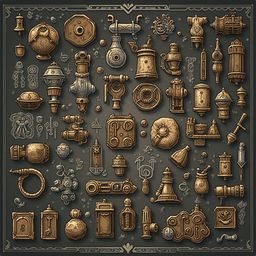 An intricate collection of golden, antique-looking objects, including bells, clocks, bottles, and boxes, is arranged on a dark background.