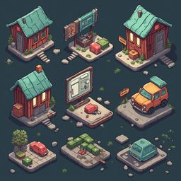An isometric collection of cartoon buildings and vehicles, rendered in warm colors, occupies a dark blue background.