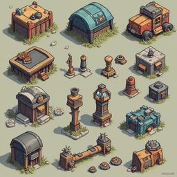 An isometric collection of colorful, whimsical buildings and structures in various styles and colors, set against earthy tones.