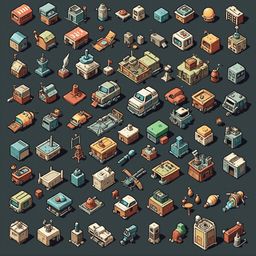 An isometric collection of colorful, whimsical buildings, vehicles, and machinery in various sizes and styles.