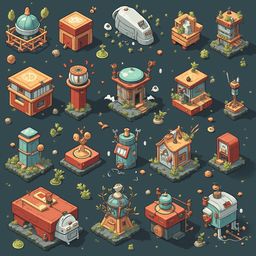An isometric collection of colorful, whimsical buildings with unique features, set against a dark blue-green backdrop.