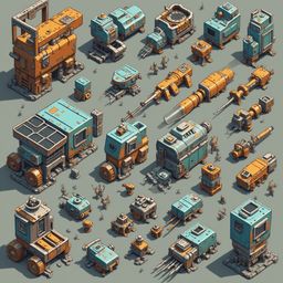 An isometric collection of futuristic vehicles and buildings in shades of blue, orange, and yellow, arranged on a gray backdrop.