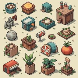 An isometric collection of miniature buildings and objects, including a dog house, birdhouse, barrel, ball, plant pot, pumpkin, and shed, features bright colors and simple designs.