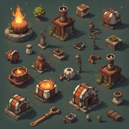 An isometric collection of miniature wooden buildings and objects, evoking a fantasy or adventure setting.