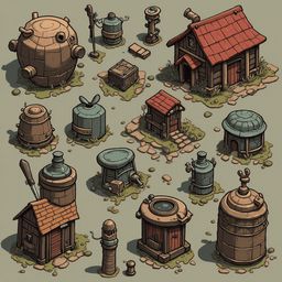 An isometric collection of miniature wooden and metal structures, including a barrel house, shed, well, chest, and bucket, features earthy tones and rustic charm.