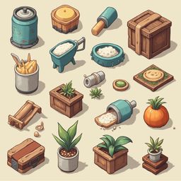 An isometric collection of objects includes containers, tools, plants, and food items, arranged in a grid-like pattern.