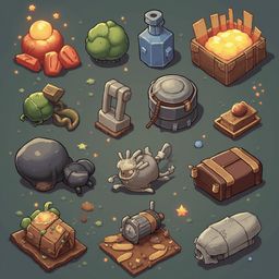 An isometric collection of objects includes red apples, a blue bottle, a gray suitcase, a gray hippopotamus, a brown chest, a gray cylinder, a green cabbage, a brown box, a gray cylinder with a gold band, and a blue sphere.