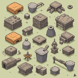 An isometric collection of rustic wooden structures, including huts, tables, benches, and barrels, arranged on a grassy terrain.