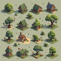 An isometric collection of sixteen buildings in various styles and colors, nestled amidst trees and set against a light green backdrop.