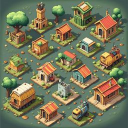 An isometric collection of sixteen colorful, whimsical houses on small islands, arranged in a grid-like pattern against a green backdrop.