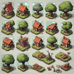 An isometric collection of sixteen small houses with red roofs and trees, arranged in rows on a light blue-green background.