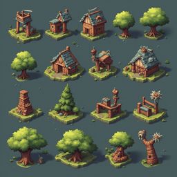 An isometric collection of sixteen whimsical, wooden houses and structures in various sizes and designs, set against different colored backgrounds.