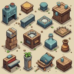 An isometric collection of twelve unique, handcrafted objects in various shapes, sizes, and colors, scattered across a beige ground.