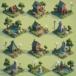 An isometric collection of twelve whimsical houses in various styles and colors, nestled amidst trees and featuring unique architectural elements.
