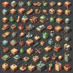 An isometric grid showcases 24 unique isometric objects, including buildings, vehicles, and containers, in various colors and textures.