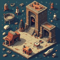 An isometric illustration of a medieval village features a stone building, wooden church, mine shaft, Christmas tree, and various objects.