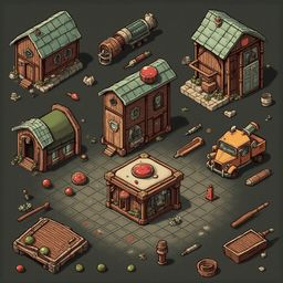 An isometric scene features six rustic buildings, a pool table, a fire hydrant, and various objects, set against a gray backdrop.