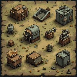 An isometric view of a desert-like landscape features various structures, including crates, barrels, and tanks in earthy tones.