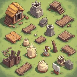 An isometric view of a fantasy village features a wooden hut, stone tower, wooden bridge, and various structures on a lush green field.