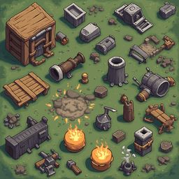 An isometric view of a forest scene features various objects like a wooden cabin, cannon, fire pit, and tools, scattered across a lush green expanse.
